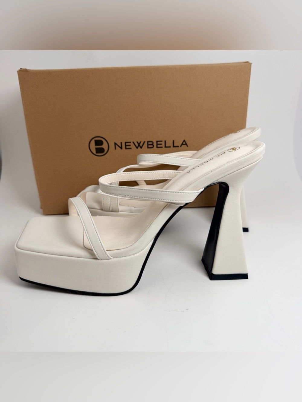 NEWBELLA Cream Strappy Platform Heels with Sculpted Flared Heel